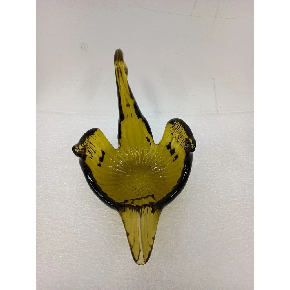 Vintage Olive Green Art Glass Swan Bowl MCM Decor Ribbed Candy Dish